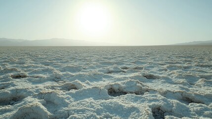 A dry, desolate salt flat in the desert, with the ground covered in a thin crust of white salt crystals. -