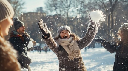 a group of friends having a snowball fight in a snowy park, with laughter and snow flying through th