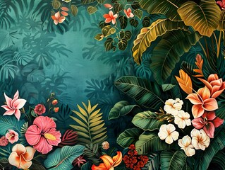 Wall Mural - Lush tropical foliage and vibrant flowers create a vibrant background.