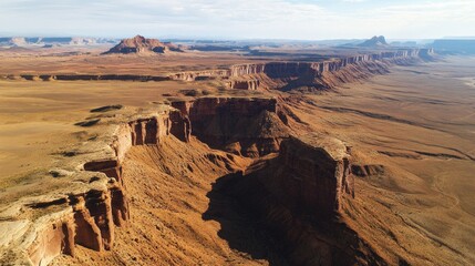 A helicopter view of desert plateaus and mesas, showing the unique geological formations that rise from the barren landscape.