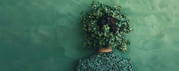 A woman with unique hairstyle made of green foliage stands against textured green wall, embodying blend of nature and fashion. vibrant greens evoke sense of sustainability and creativity