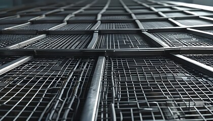 Sleek metal mesh with a repeating grid design showcasing precise edges and modern industrial aesthetics