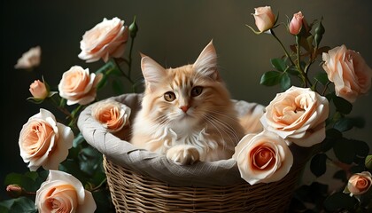 Charming feline nestled in a basket amidst vibrant blooming roses, capturing serenity and harmony in nature with beloved pets