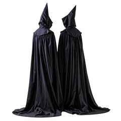 enigmatic elegance: two long, black hooded cloaks stand draped, inviting mystery and intrigue.