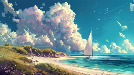 Wall Mural - A sailboat glides through turquoise waters under a vibrant blue sky with fluffy white clouds, a tranquil beach with green grass and rocky cliffs.