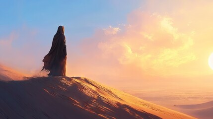 A traveler in a hooded robe standing atop a desert dune, gazing out at the endless horizon.