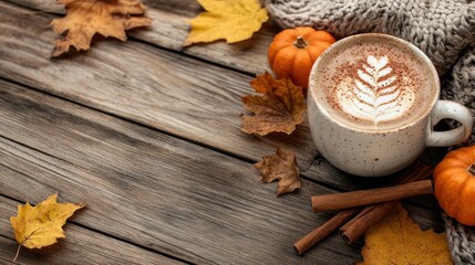 Pumpkin spice latte on a wooden table with cinnamon sticks, surrounded by autumn leaves.