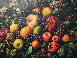 Wall Mural - A vibrant and colorful still life featuring a variety of fresh fruits and vegetables, including apples, grapes, oranges, bell peppers, and pomegranates.