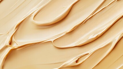 A close-up of the texture and color of liquid foundation, in a light beige color, a smooth cream on an isolated background