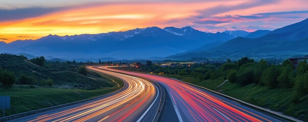 high speed motion blur from cars driving on a scenic highway through mountains at twilight