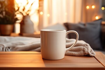 A ceramic mug placed on a wooden table with a cozy background of a living room, featuring soft lighting and a warm, inviting atmosphere