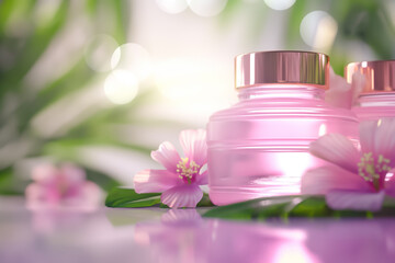 Wall Mural - Two aesthetically pleasing pink cosmetic jars rest among soft petals and lush green leaves, set in a calm environment illuminated by gentle morning light