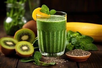 A close-up of a natural green smoothie in a clear glass, with a vibrant color and a garnish of chia seeds and mint, set against a rustic wooden table