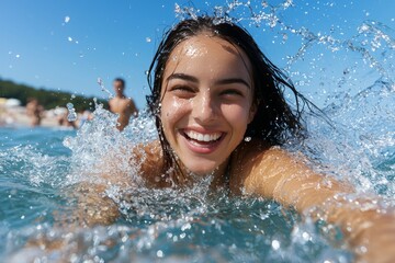 Russian woman in a bikini splashing water playfully in the sea, energetic and fun, stock photo style