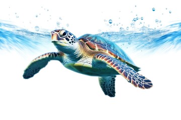 A close-up view of a sea turtle swimming gracefully in crystal-clear blue water with sunlight streaming down from above isolated on white background