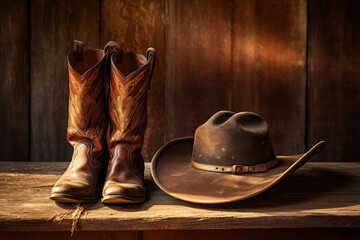 A cowboy hat placed on a classic wooden saddle, with a pair of well-worn cowboy boots and a lasso nearby, set on a ranch