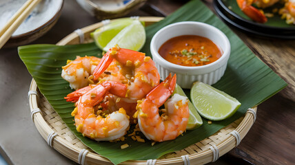 Wall Mural - A serving of coconut shrimp with a sweet chili dipping sauce, garnished with lime wedges and served on a bamboo platter.  