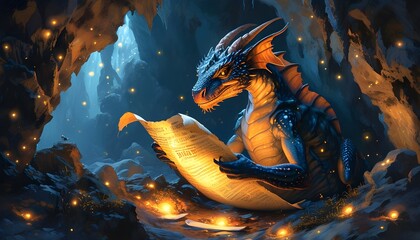 Wall Mural - Dragon Reading News Scroll in Firefly-Lit Cave