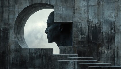 Canvas Print - A sculptural profile of a head framed by a circular opening.