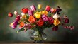 © samrit - Stunning vase filled with vibrant blooms, including tulips and roses, placed in an elegant, realistic background for a luxurious feel
