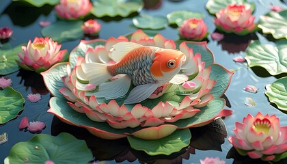 Enlightened fish meditating in lotus position, encircled by serene floating lotus flowers