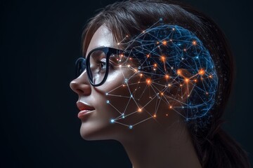 Wall Mural - Side profile of woman wearing glasses her head illuminated with digital neural connections intelligence creativity and integration of technology in futuristic innovation and cognitive potential