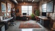 © Lubos Chlubny - Modern open plan office interior with exposed brick walls and sunlight streaming through windows