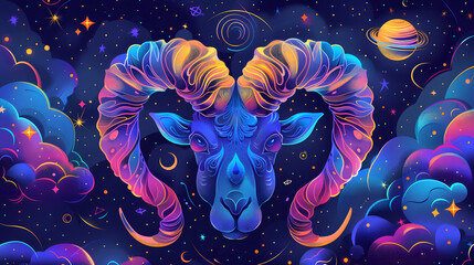 A vibrant illustration of a rams head in the night sky, created with purple, magenta, and electric blue hues. The artwork exhibits symmetry and mesmerizes with its dark background