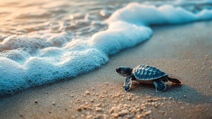 A baby turtle crawling on soft sand towards the ocean, with waves gently approaching