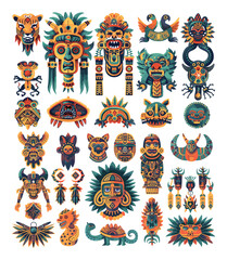 Wall Mural - Mayan aztec totems cartoon vector set. Lion puma skull beatle demon masks fetish tribal mexican mesoamerican cult patterns ethnic accessories ancient civilization isolated illustrations