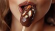 © Nicat - Close-up of a woman eating chocolate ice cream. a close-up of a woman's lips enjoying chocolate-covered ice cream with almond topping on a stick
