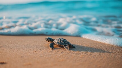 A baby turtle crawling on soft sand towards the ocean, with waves gently approaching