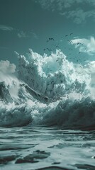 Wall Mural - Dramatic, abstract image of a large, white, fluffy, wave-like, cloud formation in a blue sky with birds flying overhead. The wave breaks over a smooth, reflective, teal surface.