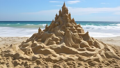 Intricate sand sculptures adorning the beach under a clear blue sky