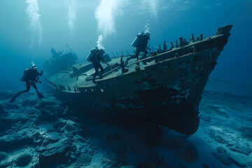 scuba divers exploring an old sunken shipwreck underwater, surrounded by marine life and algae. Concept of underwater exploration and adventure