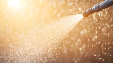 Pressure washer in action on a stained wall, clear line of clean and dirty, realism, bright sunlight, close-up of water spray, surface texture