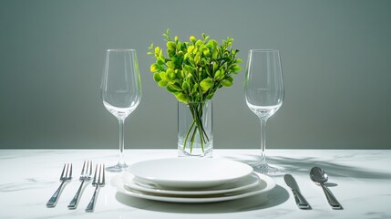 Elegant Table Setting with Green Plant Centerpiece and White Plates