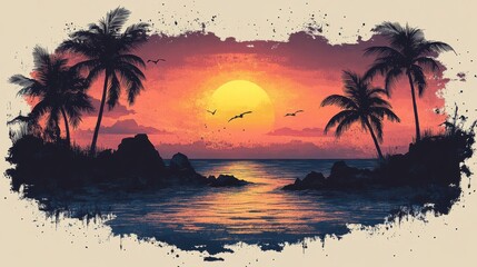 Vibrant Sunset Over a Tranquil Beach With Palm Trees and Silhouettes of Birds Taking Flight