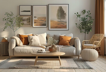 Poster - living room in scandinavian house. modern minimalist design comfortable home