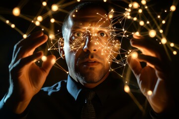 Wall Mural - Man surrounded by glowing nodes and data points representing the complexity of human thought information flow and neural data in a futuristic digital landscape