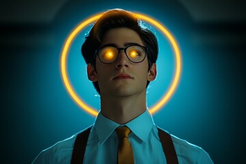 Canvas Print - Man with glowing eyes and a halo evoking themes of intelligence insight and futuristic digital consciousness in a high tech conceptual environment