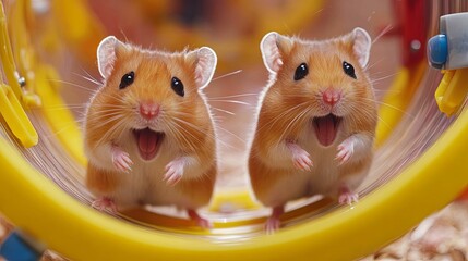 two hamsters running on a yellow wheel toy