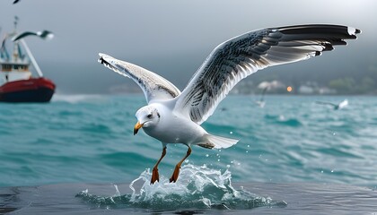 Wall Mural - Majestic seagull soaring above a tranquil ocean under a bright blue sky