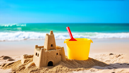 sandcastle, yellow bucket with shovel on sandy beach, blurred seascape, turquoise sea in background