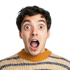 Surprised young man with wide eyes and an open mouth, expressing shock and amazement in a stylish striped sweater. isolated on a transparent background