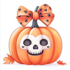 Wall Mural - Cute Pumpkin with Skull Face and Bow for Halloween