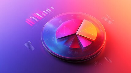Leinwandbilder - A sleek infographic featuring a 3D pie chart with transparent segments, layered over a gradient background. Icons and labels enhance the visual appeal, making the data easily understandable.