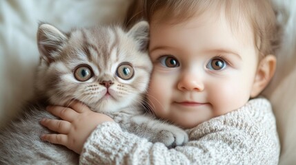 a heartwarming moment between a baby and a fluffy kitten. this charming image showcases the innocenc