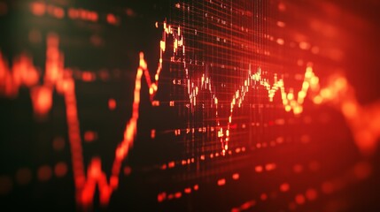 Fototapete - A stock market graph with red and green lines, showing fluctuating trends on a screen. The close-up emphasizes the volatile nature of financial markets.