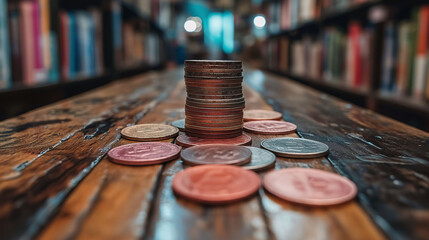 Wall Mural - Stack of Coins on Wooden Table with Blurred Bookshelf Background